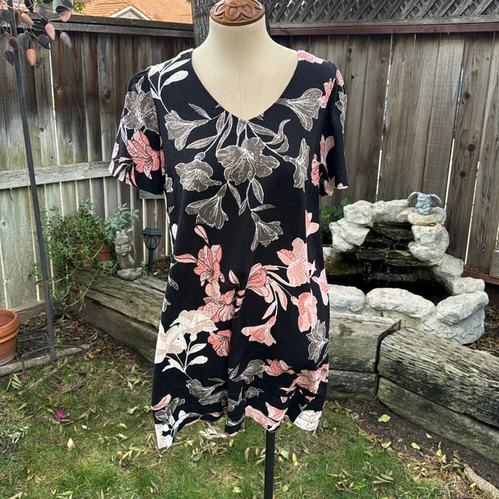 Nicole Miller Tropical Black Floral Linen Blend Dress Women's size Medium
